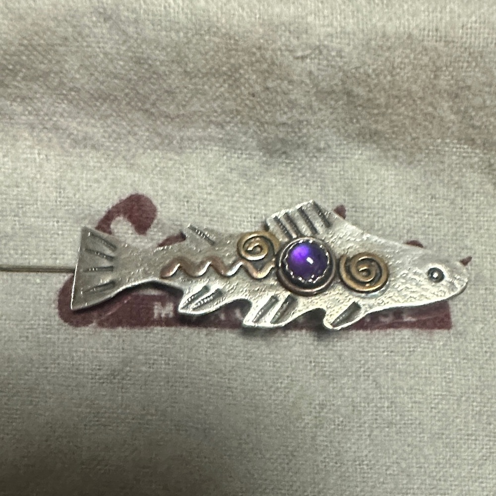 Vintage Sterling Silver Fish Pin with Purple Accent